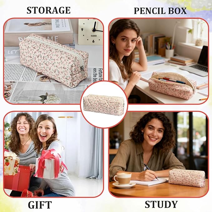 Pencil Pouch Cute Pencil Case Office Storage Bag Holder Box Organizer Aesthetic Bow Flower Pattern Makeup Pouch Cosmetic Bag for Women Girls