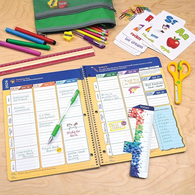 Global Datebooks 2026-2027 Elementary Student Planner 8.5" x 11" - Dated Weekly & Monthly Academic Planner with Ruler/Bookmark & Stickers, Ideal for Homework, Matrix Style, Earth