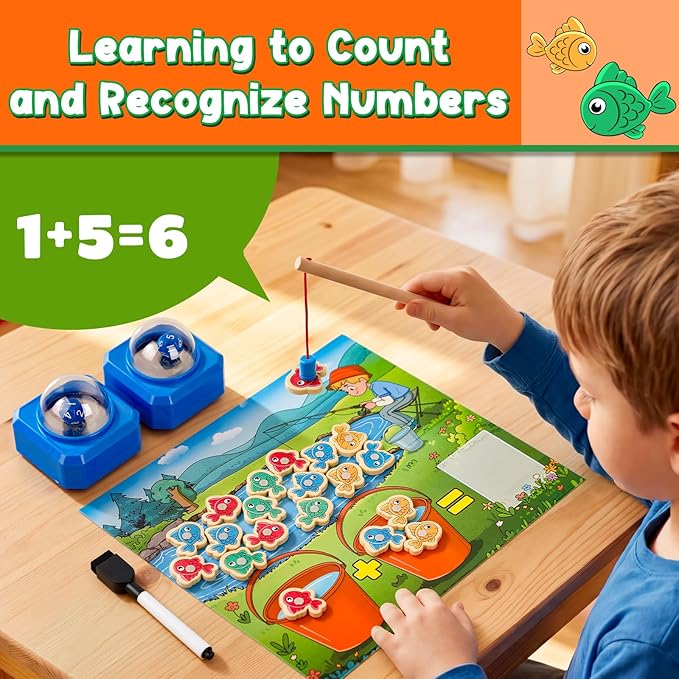 Magnetic Fishing Math Game for Kids 3-5, Montessori Counting Toy with Dice Poppers, Preschool Math Manipulatives Board Game, Addition and Subtraction Dice Game for Homeschool Classroom