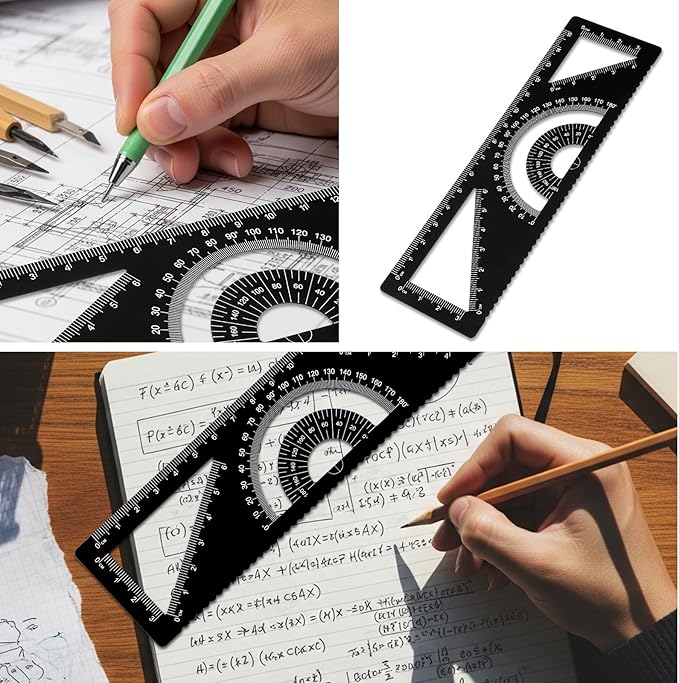 4-in-1 Geometry Set, Multifunctional Geometric Rulers, Aluminium Straight Edge Protractor, Metal Math Ruler Kit, Multifunctional Drafting Tools, 6.7 Inch, Black