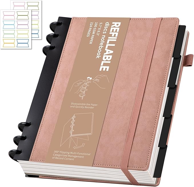 Yoment Refillable Notebooks for Work 5 Subject with Removable Dividers Tabs 224 Pages Hardcover Leather Journals for Writing Small Discbound Planner Colleged Ruled Paper for Women Men 6.1 x 8.3,Pink