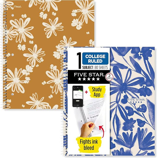 Five Star Spiral Notebook + Study App,1 Subject,College Ruled,8-1/2" x 11",80 Sheets,Fights Ink Bleed,Water Resistant Cover,Soft Petals (820331F-ECM),(Pack of 12)