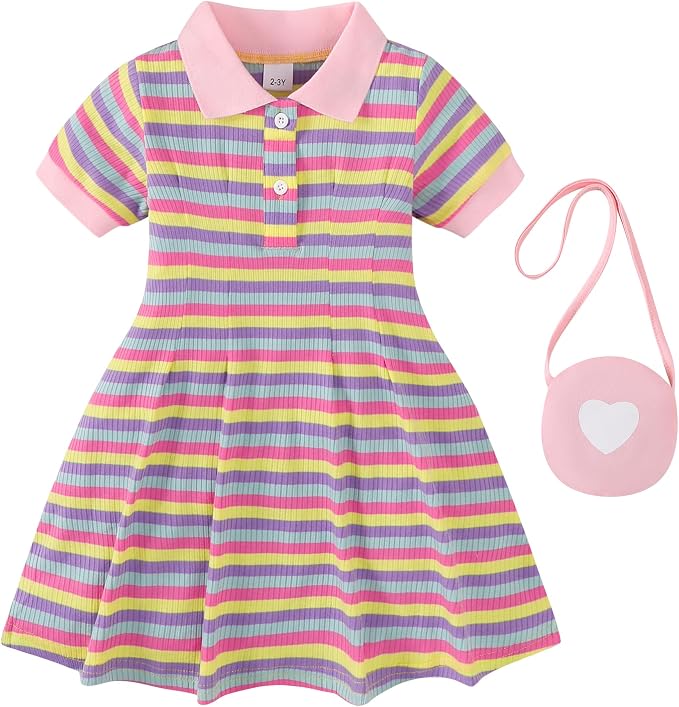 Renotemy Infant Baby Girl Dress Toddler Girls Summer Clothes School Outfits Cotton Short Sleeve Polo Dresses with Bag 12M-5T