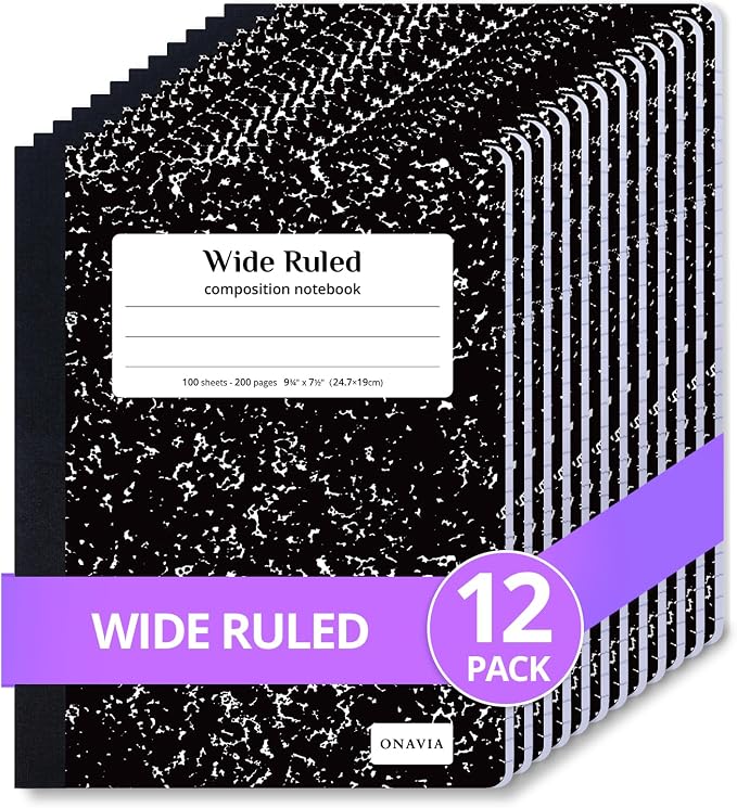 ONAVIA Composition Notebook Wide Ruled Bulk, 200 Pages, Marble Black