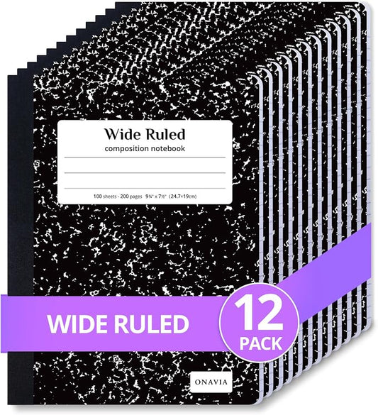 ONAVIA Composition Notebook Wide Ruled Bulk, 200 Pages, Marble Black