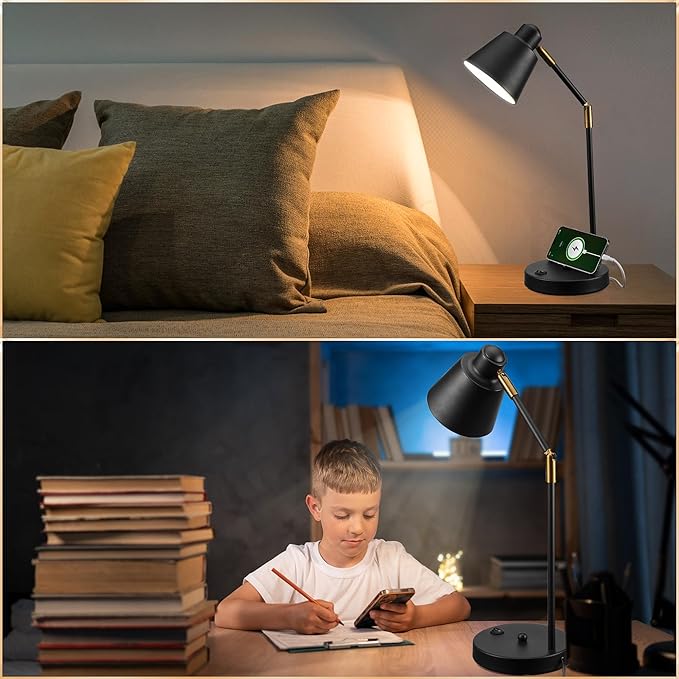 Anxingtools LED Desk Lamp with Dual USB Charging Ports, 100% Metal, 270° Swivel Arms, Soft White Light (3000K), Bedside Reading Lamp, Home Office Lamp (Black)