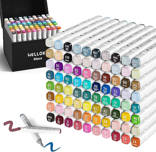 WELLOKB Alcohol Markers,80 Colors Dual Tip Permanent Art Markers for Adults Coloring Illustrations Sketch,Christmas gift,Alcohol Based Marker with Case,for Book Painting Card Making（80）