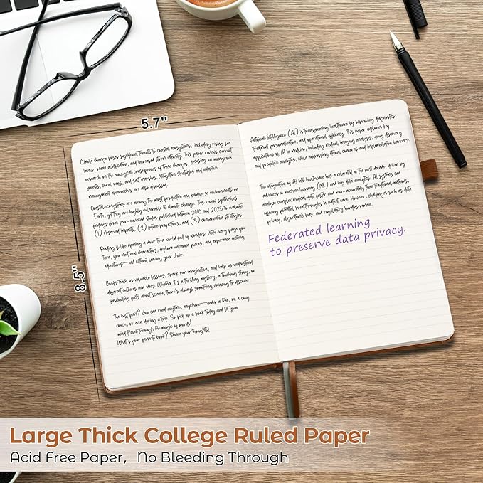 College Ruled Notebook, A5 Hardcover Leather Notebook for Work, Lined Notebook Journal for Women, Men, 100GSM Thick Paper, Large Notebook with Pockets, Professional Business Notebook, 5.7"x8.5", Brown