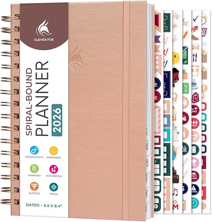 Clever Fox Dated Planner with Tabs 2026 – Weekly & Monthly Spiral Planner with Habit Tracker for Goal Setting & Time Management (Rose Gold)
