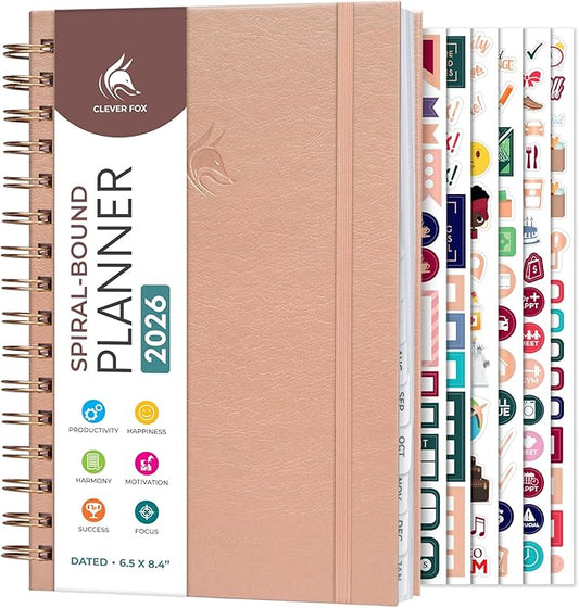 Clever Fox Dated Planner with Tabs 2026 – Weekly & Monthly Spiral Planner with Habit Tracker for Goal Setting & Time Management (Rose Gold)