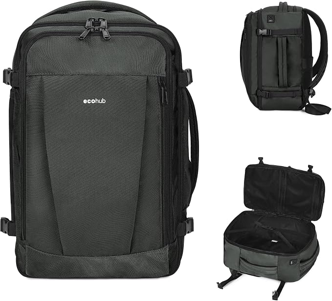 ECOHUB Travel Backpack 18x14x8 Frontier Airlines Personal Item Bag Gray | Carry On Backpack with 13 Pockets, Casual Daypack for Men Women Airline Approved Water Resistant Back pack with Charging Port