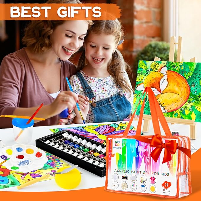 POPYOLA Acrylic Paint Set for Kids, Non Toxic Kids Painting Set with Tabletop Easel, Acrylic Paints, Smock, Canvases, Wooden Stencils, Brushes, Painting Kit Gift for Beginner Student Toddlers