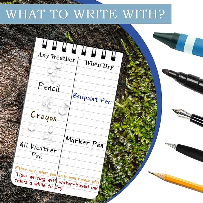 COIDEA 6 Pack Waterproof Notebook, 3 x 5 Pocket Notepad, Top-Spiral Weatherproof NotePad, All Weather Police Pocket Notebook Little Memo Steno Note Pads for Outdoor Office School Recording