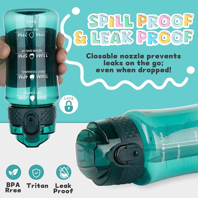 OLDLEY 12oz Kids Water Bottle, Tritan BPA-Free, Leakproof Flip Straw Lid, Motivational Time Marker, Carry Strap, Reusable Clear Water Bottle for Boys & Girls,Trout Green