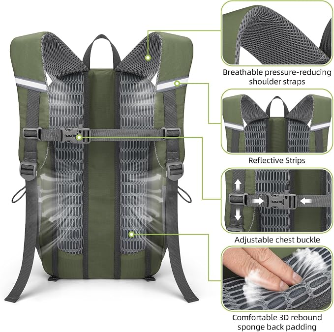RealCool 30L Lightweight Hiking Backpack, Waterproof Daypack for Camping | 210D tear-resistant nylon, breathable shoulder and back panel, Multi-Compartment,hydration system,reflective strip,bungee net