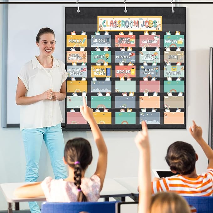 Qeeenar Class Jobs Pocket Chart with 96 Pcs Colorful Classroom Jobs Cards and 3 Hooks Boho Classroom Management Education Pocket Chart Teacher's Helper Class Bulletin Board for Back to School Supplies