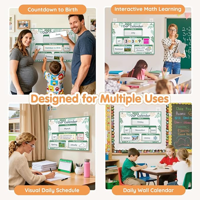 AKAYOK Classroom Calendar Pocket Chart with 70 Cards - Circle Time Calendar 2024-2028 with 2 Storage Pockets, Kids Calendar Perfect for Preschool and Homeschool Learning (Green Leaves)