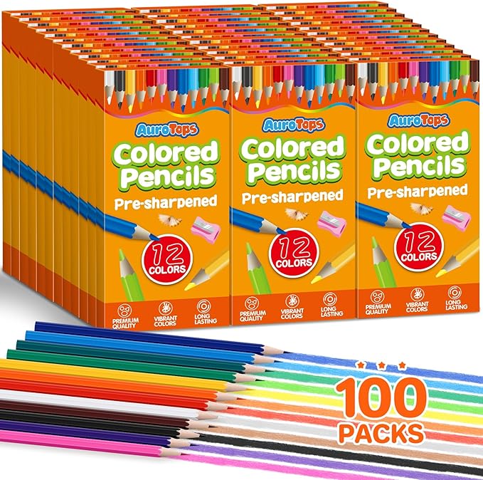 AuroTops 100 Packs Colored Pencils Bulk,1200 Count Pre-Sharpened Colored Pencils in Bulk,Vibrant Colors,12 Color Pencils Set for Classroom Prizes,Back to School Supplies