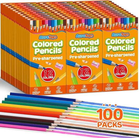 AuroTops 100 Packs Colored Pencils Bulk,1200 Count Pre-Sharpened Colored Pencils in Bulk,Vibrant Colors,12 Color Pencils Set for Classroom Prizes,Back to School Supplies