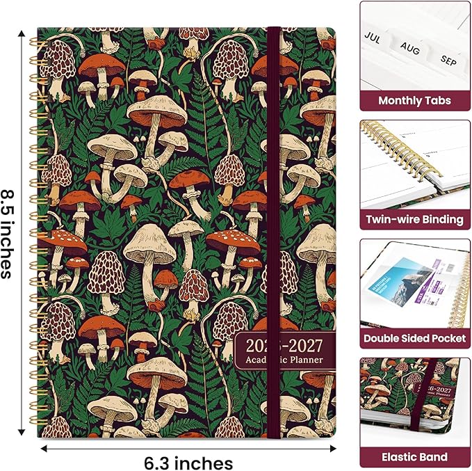 Planner 2026–2027, Academic Monthly Weekly Spiral Calendar, July 2026 – June 2027, Hardcover Agenda Notebook with Tabs, 6.3" x 8.5", Perfect for Students, Teachers, School & Daily Planning - Autumn Fungi