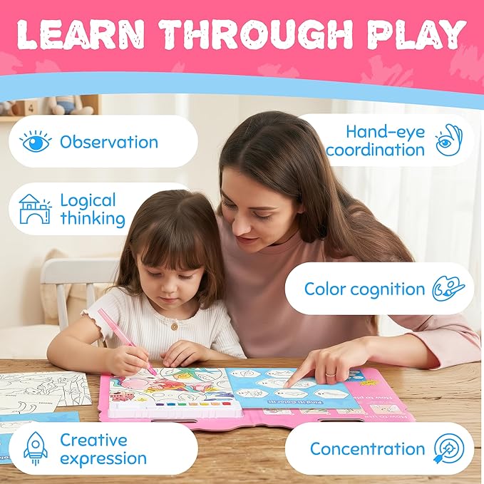 JoyCat Find & Color Paint with Water Coloring Books for Toddlers, Educational Seek and Find, No Mess Art & Craft Toy, Fun Learning Activity for Kids Ages 3-5 4-8, Gift for Girls Boys (Magical Pony)