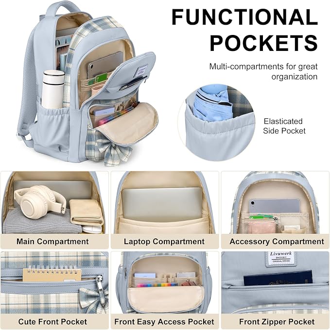 School Backpack for Teen Girls: Cute Bookbags Middle High School College Casual Back Pack 15.6 inch Laptop Backpacks Vintage Bags Women Travel Daypacks Mochilas Escolares Blue