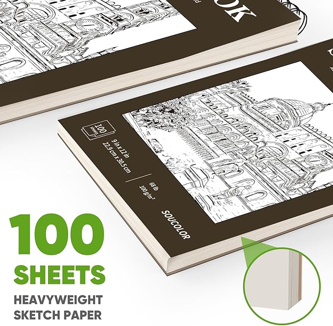 Soucolor 9" x 12" Sketch Book,Top Spiral Sketch Pad,100 Sheets 68lb Acid-Free Drawing Paper for Pencil Sketching Doodling, Art Supplies Journal for Kids Adults Artists