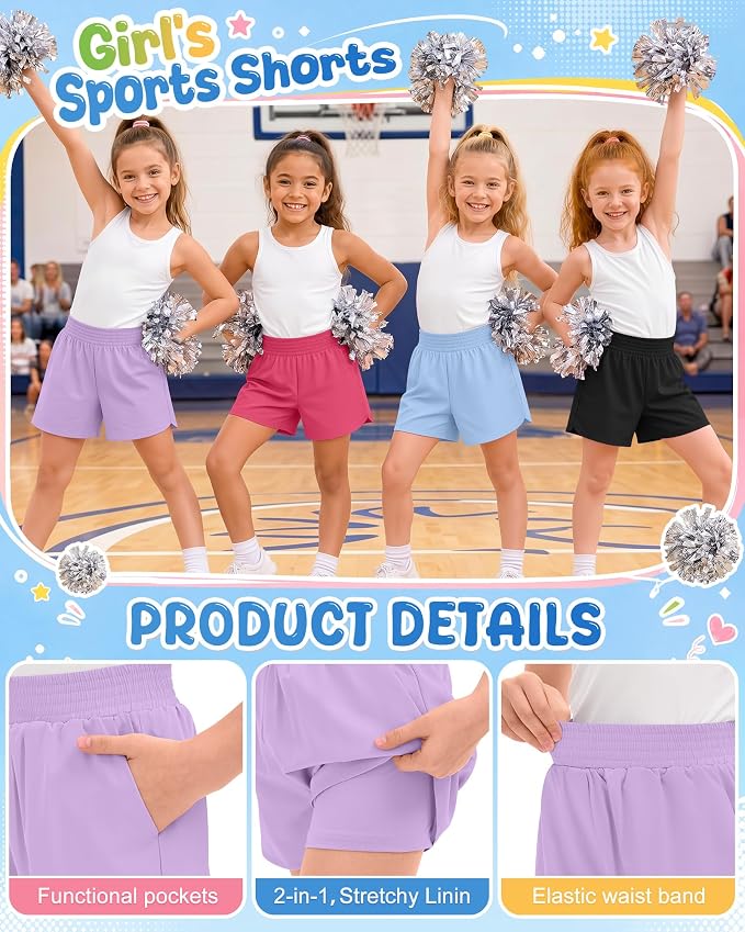 4 Pack Girls Athletic Shorts 2 in 1 Quick Dry High Waist Tween Shorts with Liner Kids Back to School Running Shorts