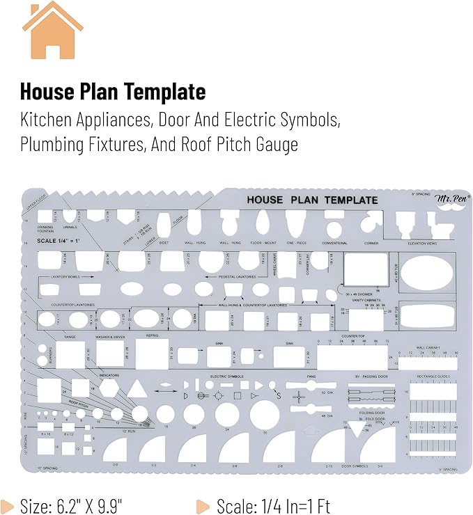 Mr. Pen- House Plan, 3 pcs, Interior Design and Furniture Templates, Clear Flexible Plastic, Drafting Tools, Ruler Shapes for Architecture, 1/4 Inch Scale, Kitchen, Bath, Bedroom, Office, Living Room