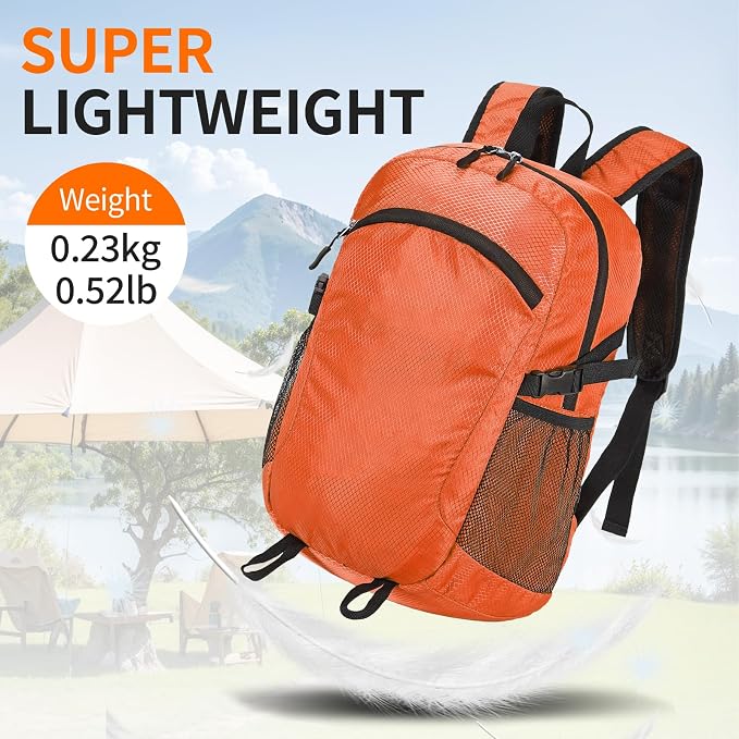Small Hiking Backpack 15L Travel Lightweight Hiking Packable Daypack Water-Resistant Foldable Backpacks for Women Men Camping (Orange)