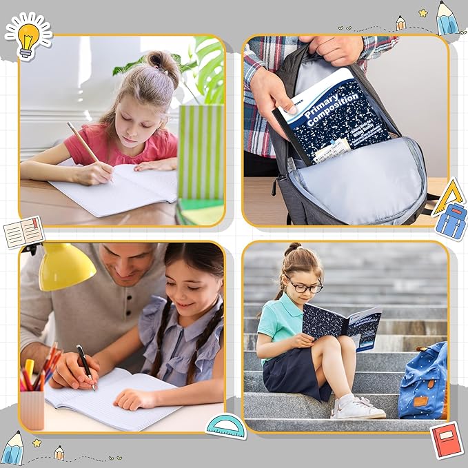 Fulmoon 24 Pack Primary Composition Notebook,Grade K-2 Journal Wide 3 Line Ruled,80 Pages,Marble Cover,7-1/2" x 9-3/4" Primary Writing Notebook for Kindergarten Preschool,1st 2nd Grad (Blue Color)