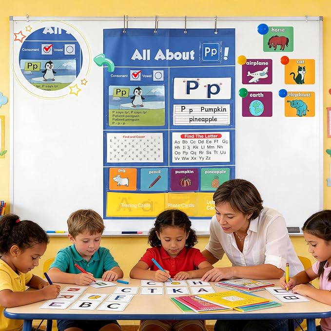 Alphabet Learning Pocket Chart, 41 * 28 Inch All About Letter Pocket Chart, ABC Letter Tracing & Sound Recognition Activity Wall Chart for Toddlers, Preschool & Homeschool Classroom Must Haves