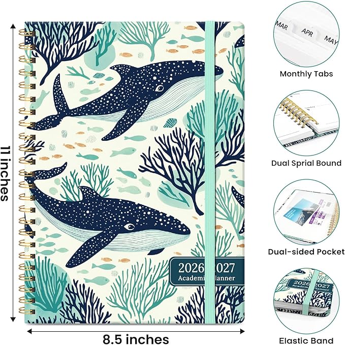 Planner 2026-2027, Hardcover Monthly and Weekly Academic Planner July 2026 - June 2027, Teacher and Student Calendar Agenda Book with Tabs, A4 (8.5" x 11"), Ideal for School and Office, Drifting Whales
