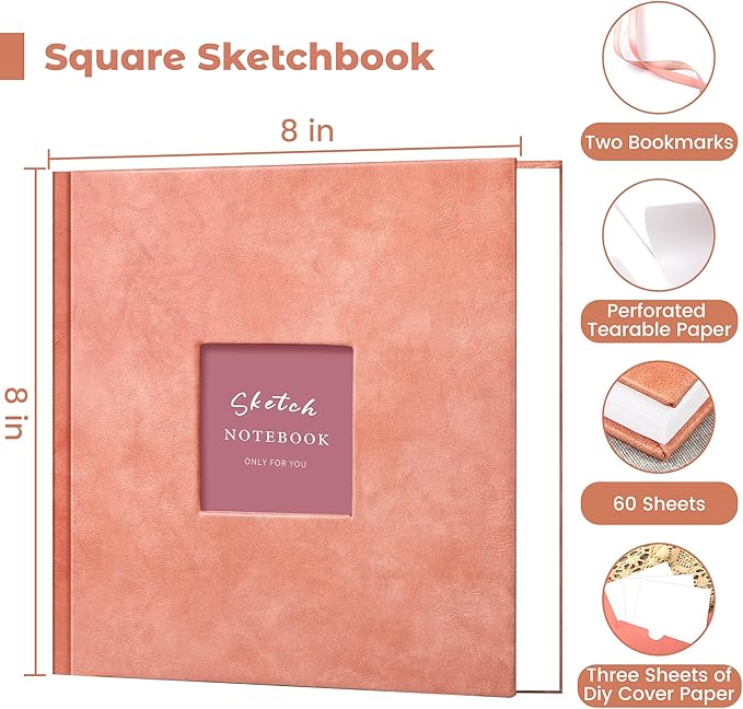 FLYING EAGLE Sketchbook for Drawing 8 x 8 Hardcover Sketch Book, 200GSM Thick Paper, Square Art Drawing Book with 3 DIY Cards Mixed Media Watercolor Paper Gift for Women Adults Artist, Pink