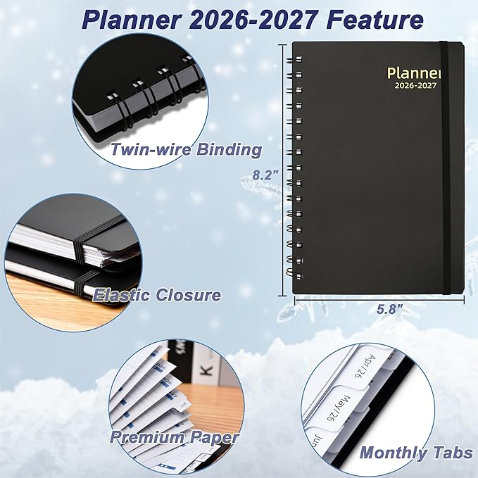 Day Planner 2026-2027, 2026 Planner Weekly and Monthly, from Jul 2026-Dec 2027, 18 Month Agenda Book with Tabs, A5 Size, Black