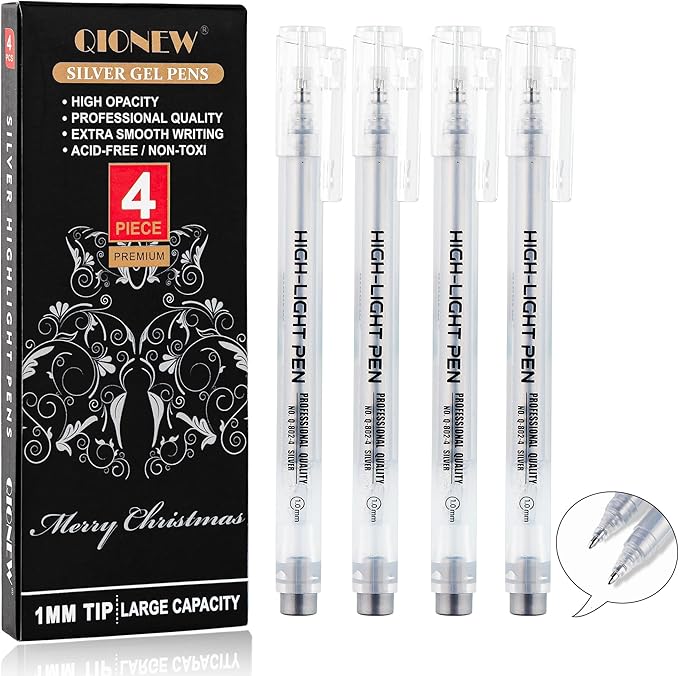 Qionew Silver Gel Pens,3 Pack, 1mm Fine Point,Opaque Ink Silver Pens, Gel Pen Set for Artists,for Black Paper Drawing, Card Making,Journaling, Coloring, Bullet Journaling