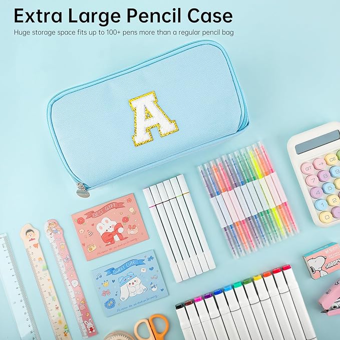 Extra Large Capacity Pencil Case 3 Compartment Initial Pencil Pouch Personalized Cute Aesthetic Stationery Pen Case Bag for School Teen Girl Boy Men Women Gift (C, Pink)