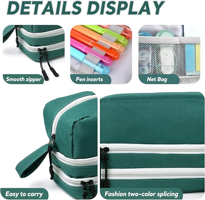 Large Capacity Pencil Case,Multifunction Pencil Pouch,Pencil Bags with Zipper 3 Compartments Pencil case organizer for or School Teen Girl Boy Men Women（Green）