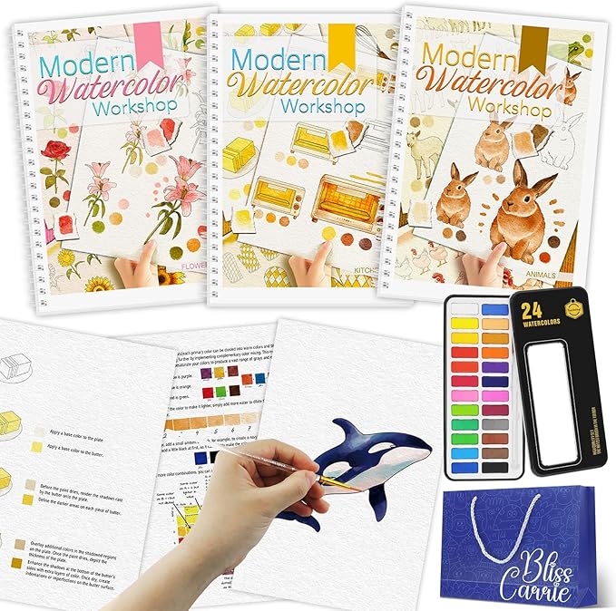 3Pcs Watercolor Workbook Paint Book Beginner Friendly Painting Kit, 36 Pages Workbooks with 24 Paint Colors & Brush for Beginners, Stress-Relieving Gift for Women Adults (Kitchen&Animals&Flower)