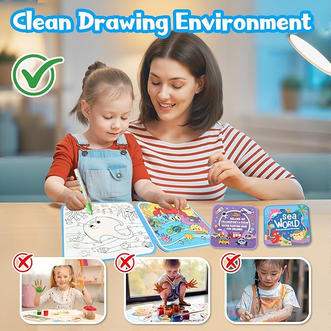 Water Painting Book for Kids - 4 Pack Magic Water Coloring Book with Water Pen Themes - Mess Free Water Art Book for Toddlers,No Mess Paint Coloring & Reusable Fun for Ages 3+ Travel Activity Toys