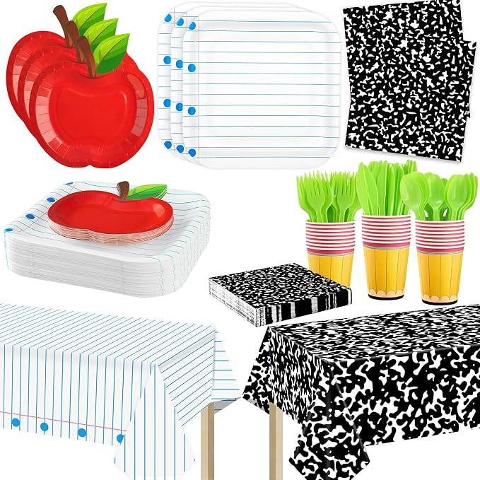 170 Pcs Back to School Party Supplies Tableware Set Red Apple Pencils Paper Plates Napkins Cups Composition Notebook Disposable Tablecloth for Preschool First Day of School Graduation Party, Serves 24