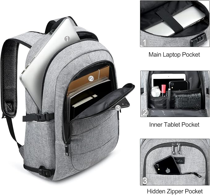 Tzowla Travel Laptop Backpack Water Resistant Anti-Theft Bag with Giant Tumbler Holder Pocket and Lock 15.6 Inch Computer Business Backpacks for Women Men Work College Gift,Casual Daypack(Grey)