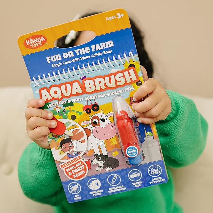 KangaToys Fun on The Farm Aqua Brush Activity Book - Reusable Water Coloring for Kids - Mess-Free Travel-Friendly Fun