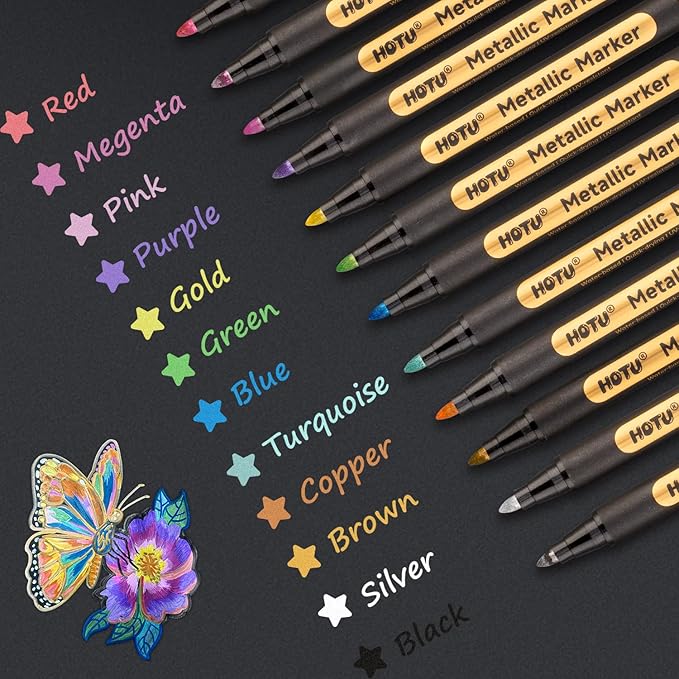 HOTU Metallic Marker Pens, 12 Metallic Paint Markers 2MM Medium Point for Black Paper,Rock Painting, Glass,Scrapbooking Crafts, DIY Photo Album, Eggs Decorating, Card Making,DIY Fabric, Model WP8130a