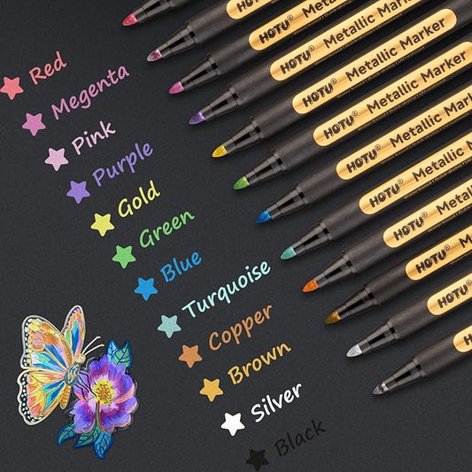 HOTU Metallic Marker Pens, 12 Metallic Paint Markers 2MM Medium Point for Black Paper,Rock Painting, Glass,Scrapbooking Crafts, DIY Photo Album, Eggs Decorating, Card Making,DIY Fabric, Model WP8130a