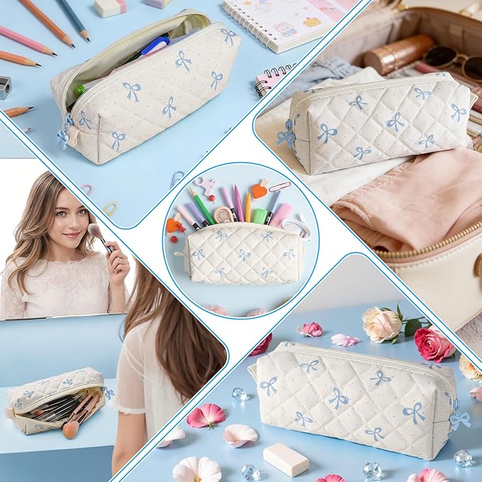 Cute Quilted Pencil Case for Girls Women, Aesthetic Small Floral Pencil Pouch,Slim Soft Pencil Bag for School Supplies Makeup Pouch for School & Daily Use (Blue Mini Bow)