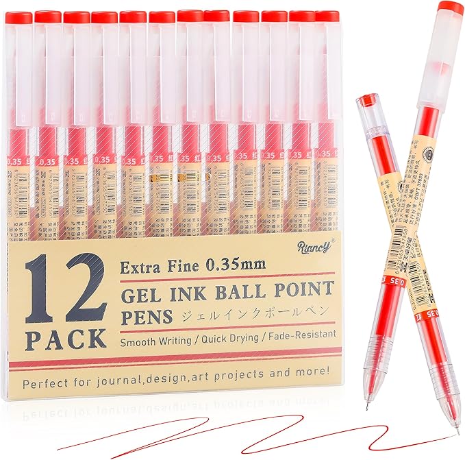 12 Pack Red Ink Japanese Style Stationery Gel Pens, 0.35mm Extra Fine Point Tip, Quick Dry No Smear No Bleed Pen, Smooth Writing Pens for Journaling Note Taking Office School Supplies