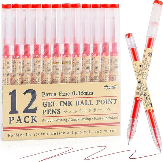 RIANCY 12 Pack Red Ink Japanese Style Stationery Gel Pens, 0.35mm Extra Fine Point Tip, Quick Dry No Smear No Bleed Pen, Smooth Writing Pens for Journaling Note Taking Office School Supplies