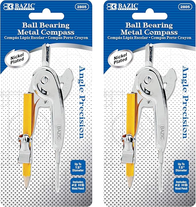 BAZIC Products Geometry Math Compass Set w/Scale-Arm, Nickel Plated Metal Ball & HB Wood Pencil, Inch Centimeter, Mathematical Drafting Drawing Tool, 2-Pack