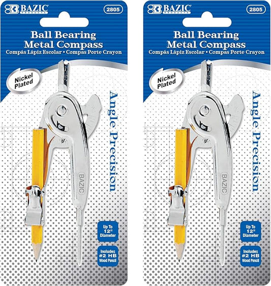 BAZIC Products Geometry Math Compass Set w/Scale-Arm, Nickel Plated Metal Ball & HB Wood Pencil, Inch Centimeter, Mathematical Drafting Drawing Tool, 2-Pack
